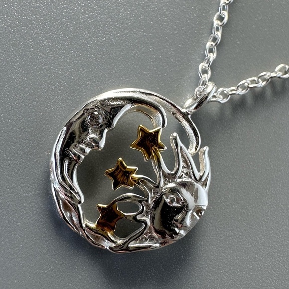 Sterling Silver Two Tone Moon and Stars Celestial Necklace - Picture 7 of 10